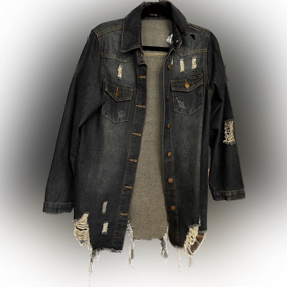 Long Distressed Denim jacket - dark blue {Sz Small}